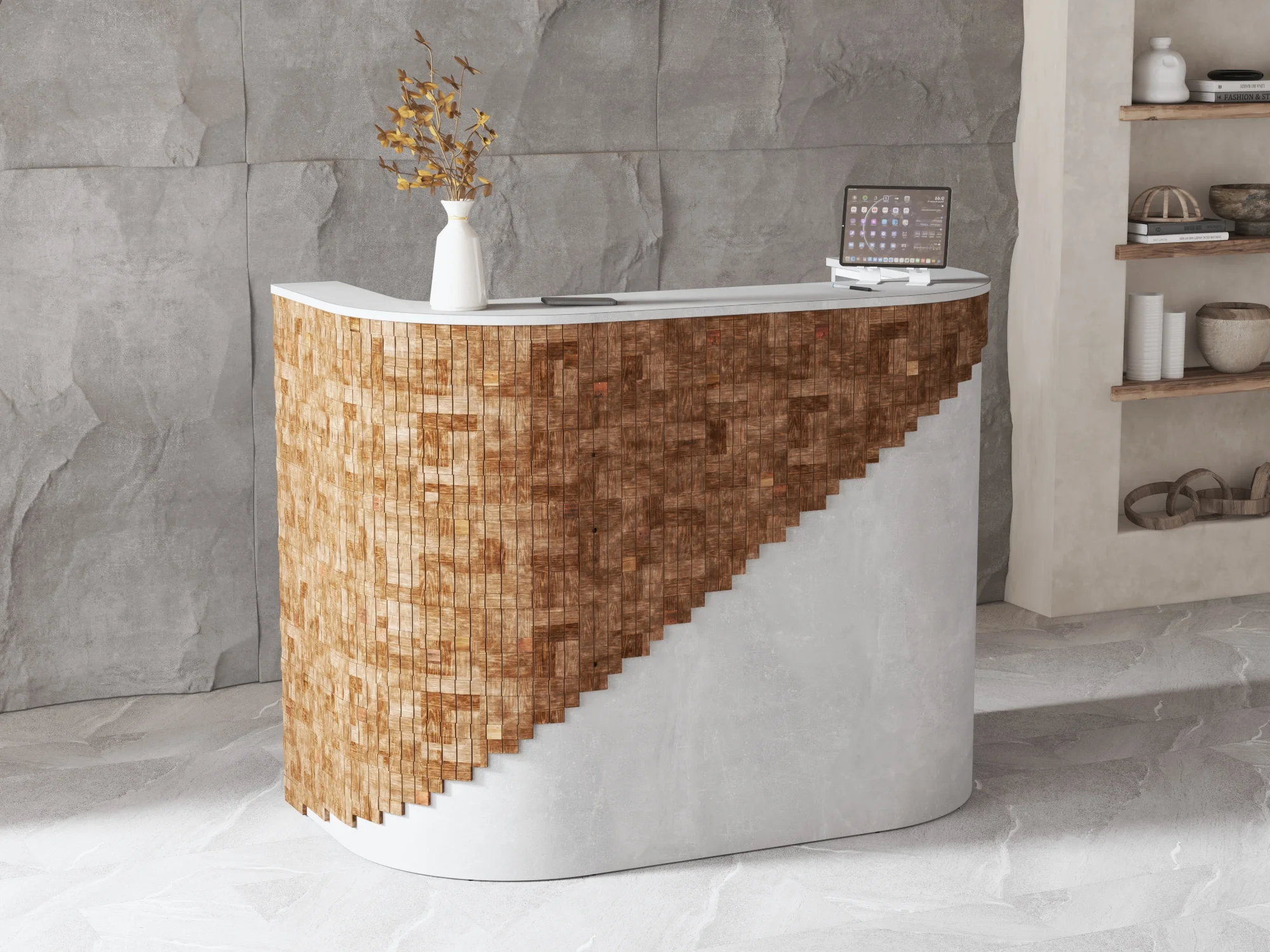 Recepcja z drewnianymi dekorami